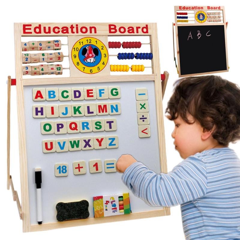 

Wooden Kids Easel Drawing Board Double-Sided Toddler Drawing Chalkboard Magnetic Dry Erase Board With Abacus Bracket Type Wooden