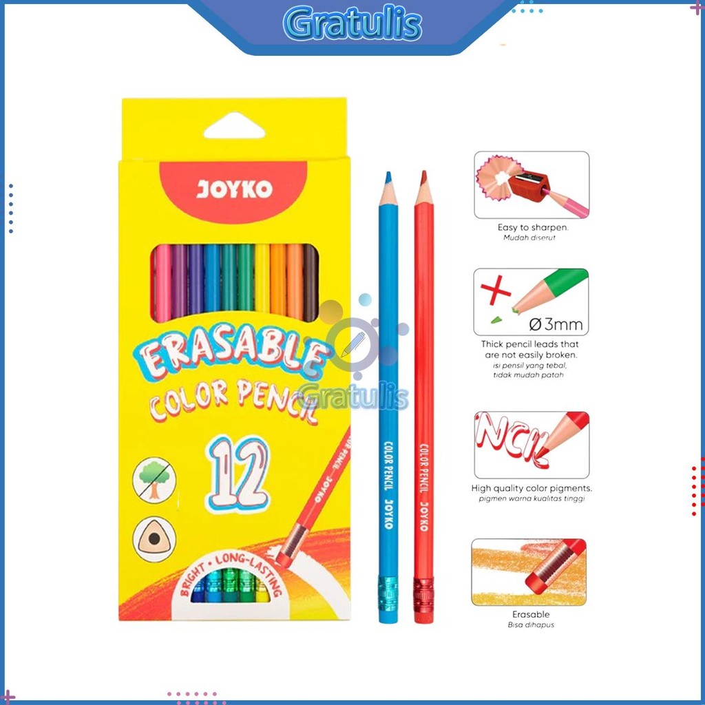 

PENSIL WARNA ERASABLE CP-0130-12 JOYKO [12 WARNA] / COLOR PENCIL / PINSIL WARNA ADA PENGHAPUSNYA