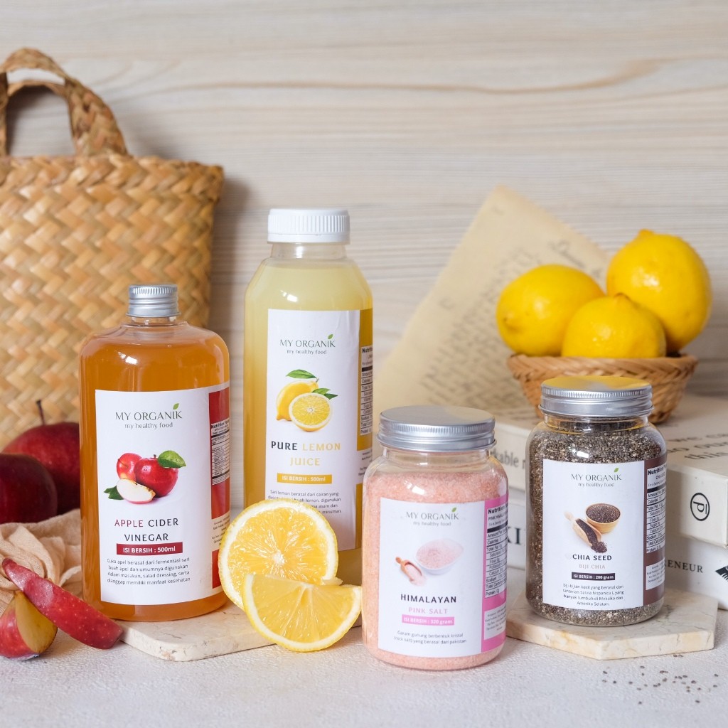 

My Organik Paket 4 in 1 Super BigSale Cuka Apel With Mother 500ml Sari Lemon 500ml Garam Himalaya 320g Chia Seed 200g