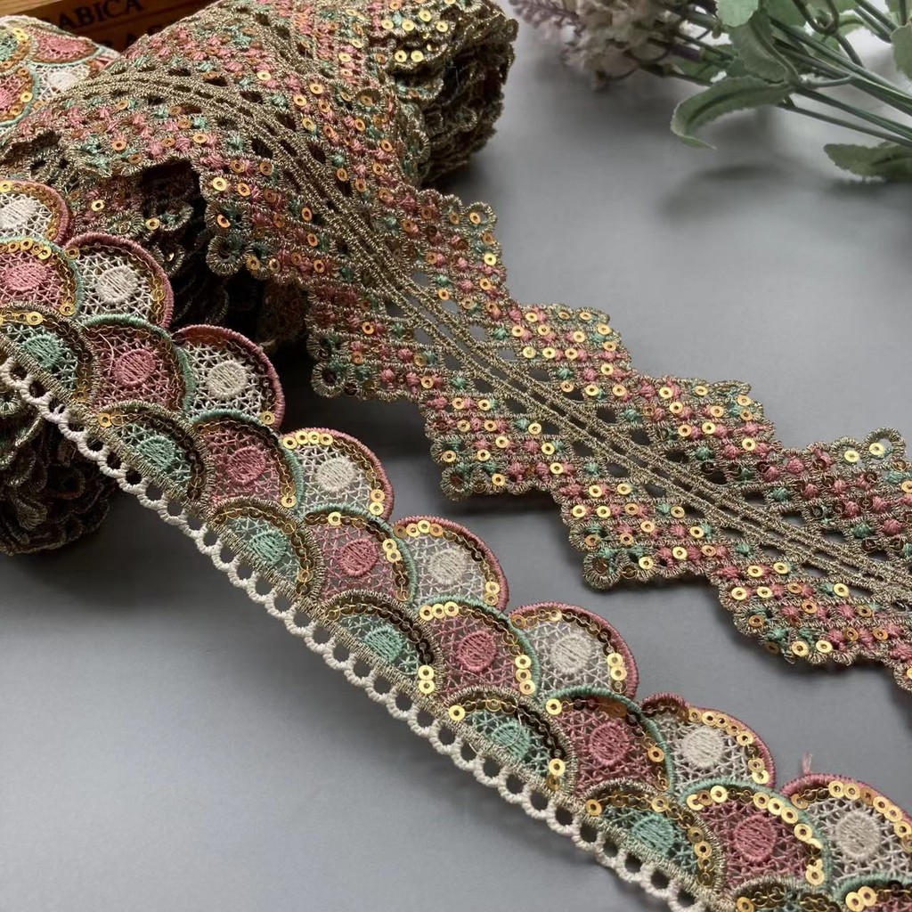 

1 Yards Gold Thread Lace Water Soluble Embroidery Garment Accessories Color Sequins Embroidered Barcode Hand-Woven Ribbon