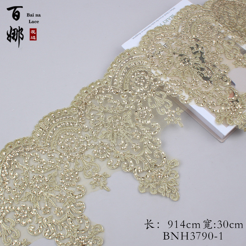 

1Yard 25cm Wide Gold Ivory Sequins Edge Polyester Embroidery Lace Trim for Bridal Wedding Gown Costume Design Lace Ribbon