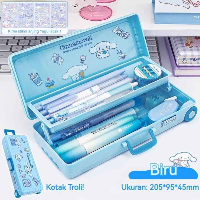 

[New Arrival] Kotak Alat Tulis Berbentuk Kotak Troli Lucu Dengan Stiker Sanrio Lapisan Ganda Kotak Pensil Plastik - Biru