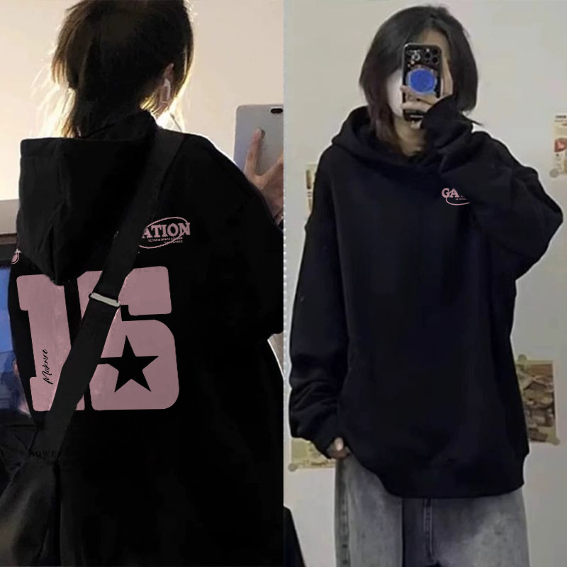 Qlioo Sweater Hoodie Oversize Wanita Nomor 15 Dicetak Pattern Hoodie Wanita Tebal Premium Ori