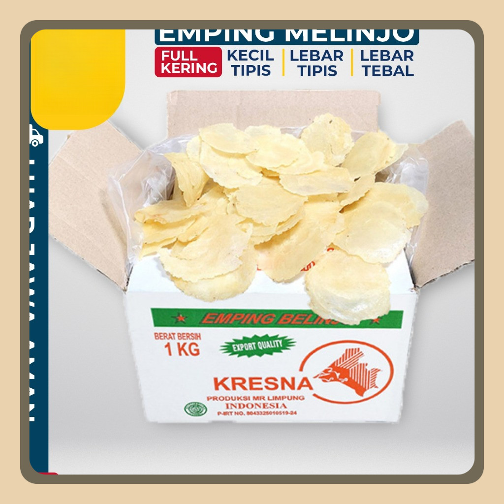 

Emping Melinjo Krisna 1kg FULL KERING - Kecil Tipis / Lebar Tipis / Lebar Tebal Kemasan Dus