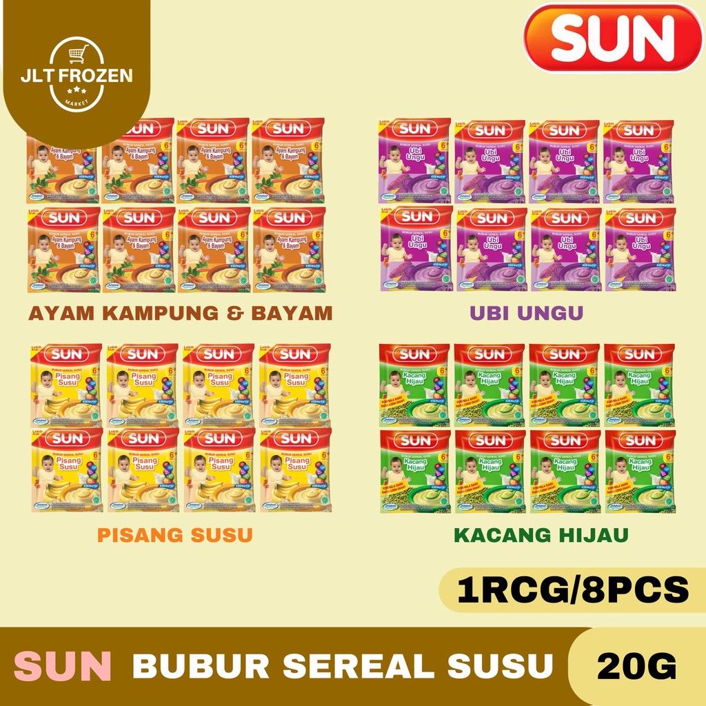 

Sun Bubur Sereal Susu 20g - 1 RCG/8PCS / Rasa Kacang Hijau / Pisang Susu / Ubi Ungu / Ayam Kampung / Bubur Bayi 6+ Bulan
