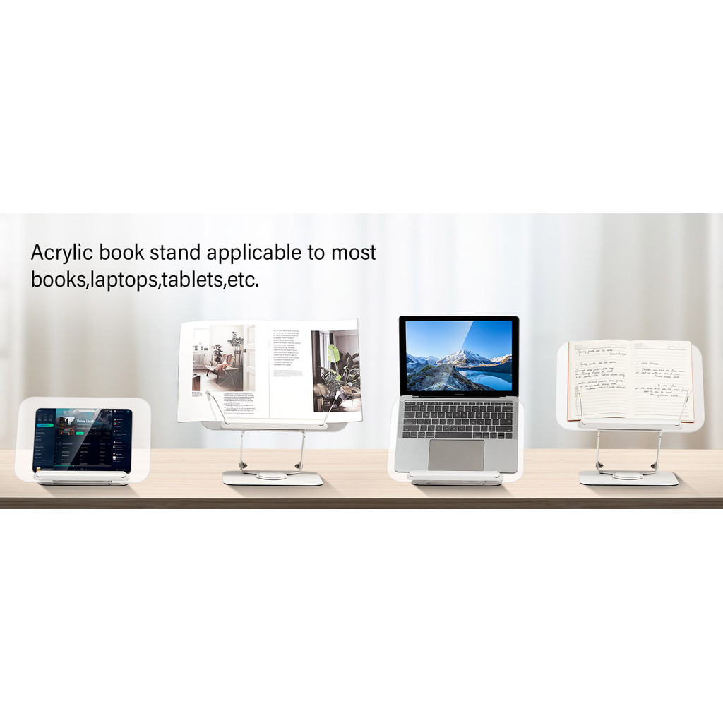 

Acrylic Thick Book Stand for Reading Adjustable Book Holder with 360° Rotating Base Elastic Page Clips Foldable Desktop Riser