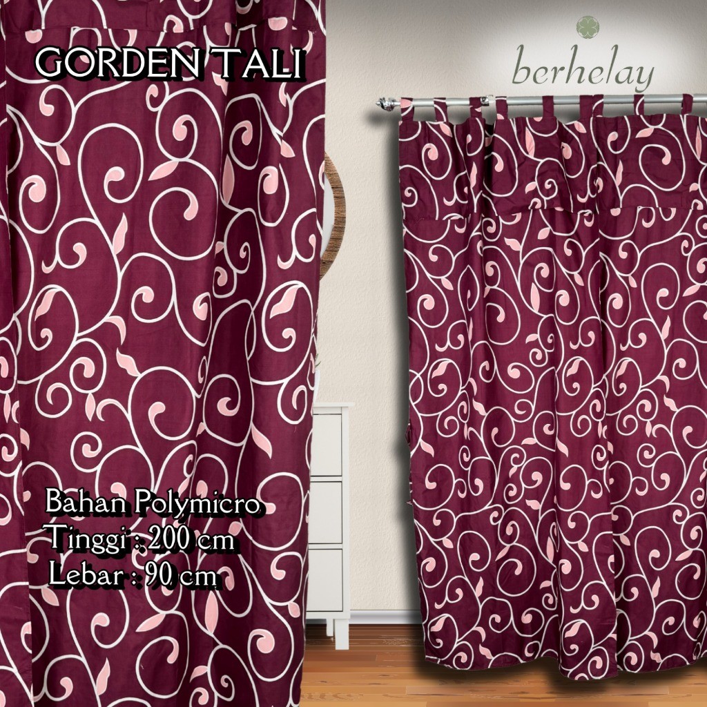 HOKICHAN Gorden Tali + Poni Polymicro Pintu Atau Jendela Motif Abstrak Kangkung Teralis Maroon