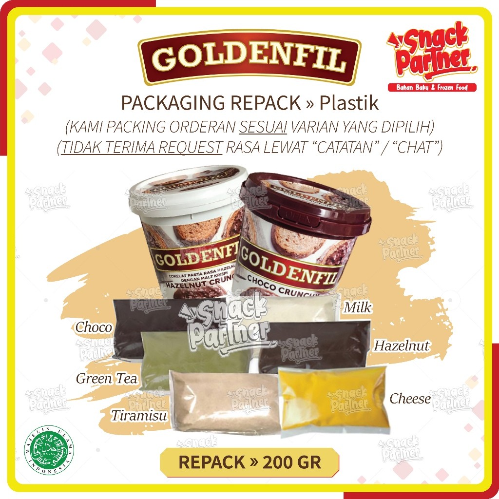 

GOLDENFIL Selai Crunchy / Spread Varian Rasa REPACK 200 GR - Choco Hazelnut Green Tea Cheese Keju Milk Blueberry Strawberry Tiramisu