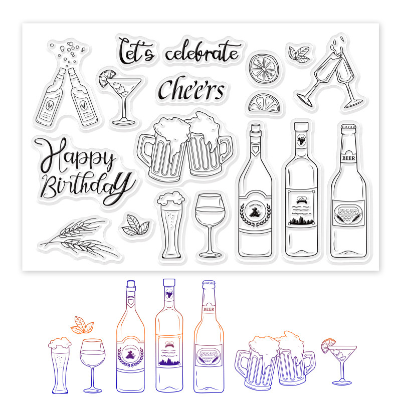 

1Sheet Birthday Party Themed Silicone Clear Stamps with and Wine Bottle for Birthday Cards Making DIY Scrapbooking Photo Album