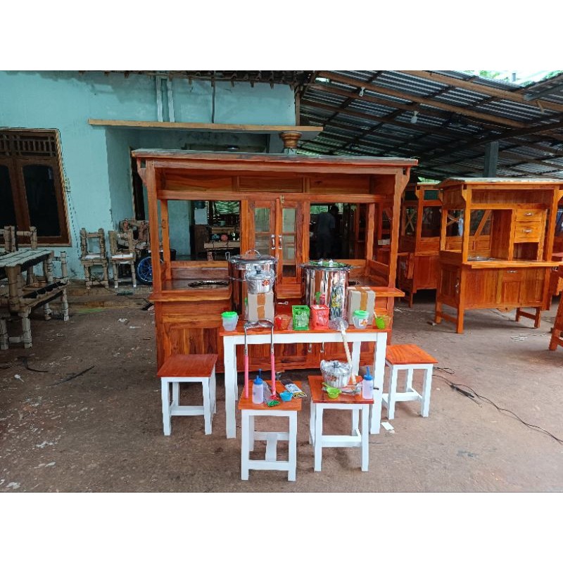 GEROBAK MIE AYAM BAKSO KOMPLIT  DAN SATU SET MEJA KAYU MAHONI