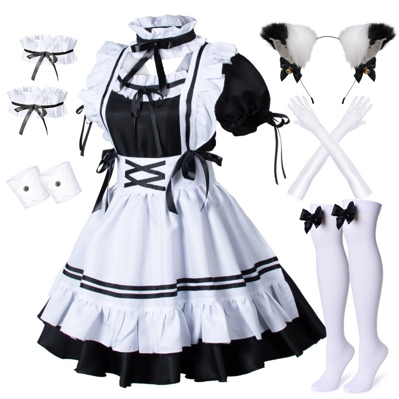 Black White Lolita Maid Costume Cosplay Costumes Cute Dress Sexy Fren  Apron Uniform Cafe Maid Party