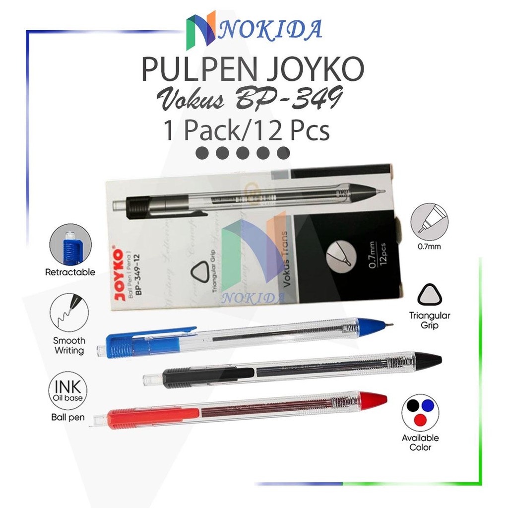 

Nokida Pulpen Joyko Vokus BP-349 [1 Pack/12 Pcs] / Ballpoint / Pena Body Transparan 0.7 mm / Alat Tulis / ATK / Kantor / Poplen Tinta Hitam Biru Merah 1 Box / Bolpen