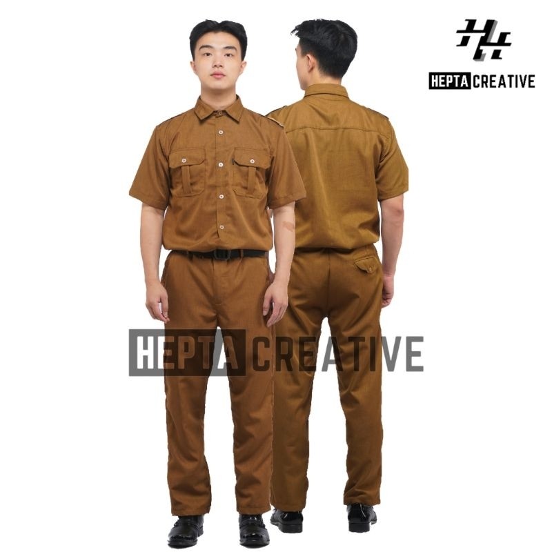 HEPTA CREATIVE SERAGAM PNS PEMDA PRIA LENGAN PENDEK KHAKI TUA S M L XL XXL