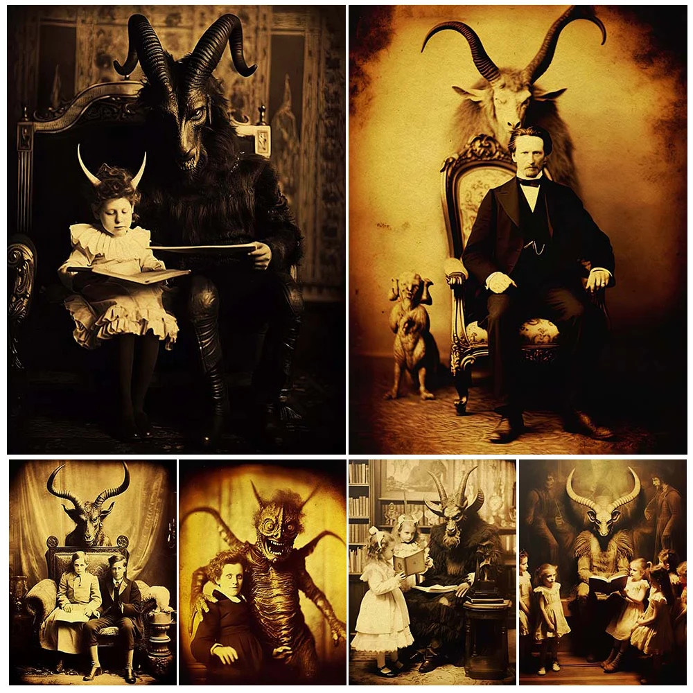 Baphomet&Satanic Creepy Vintage Photo Wall Art Canvas Painting Victorian Occult Photography Art Post