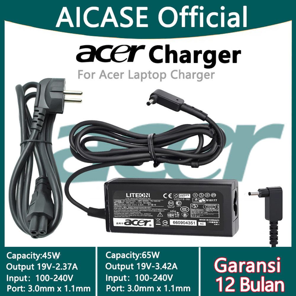 AICASC-100% Original Acer Adaptor Laptop Charger ORI 45W/65W/19V-2.37A/3.42A/DC 3.0*1.1mm Small Plug