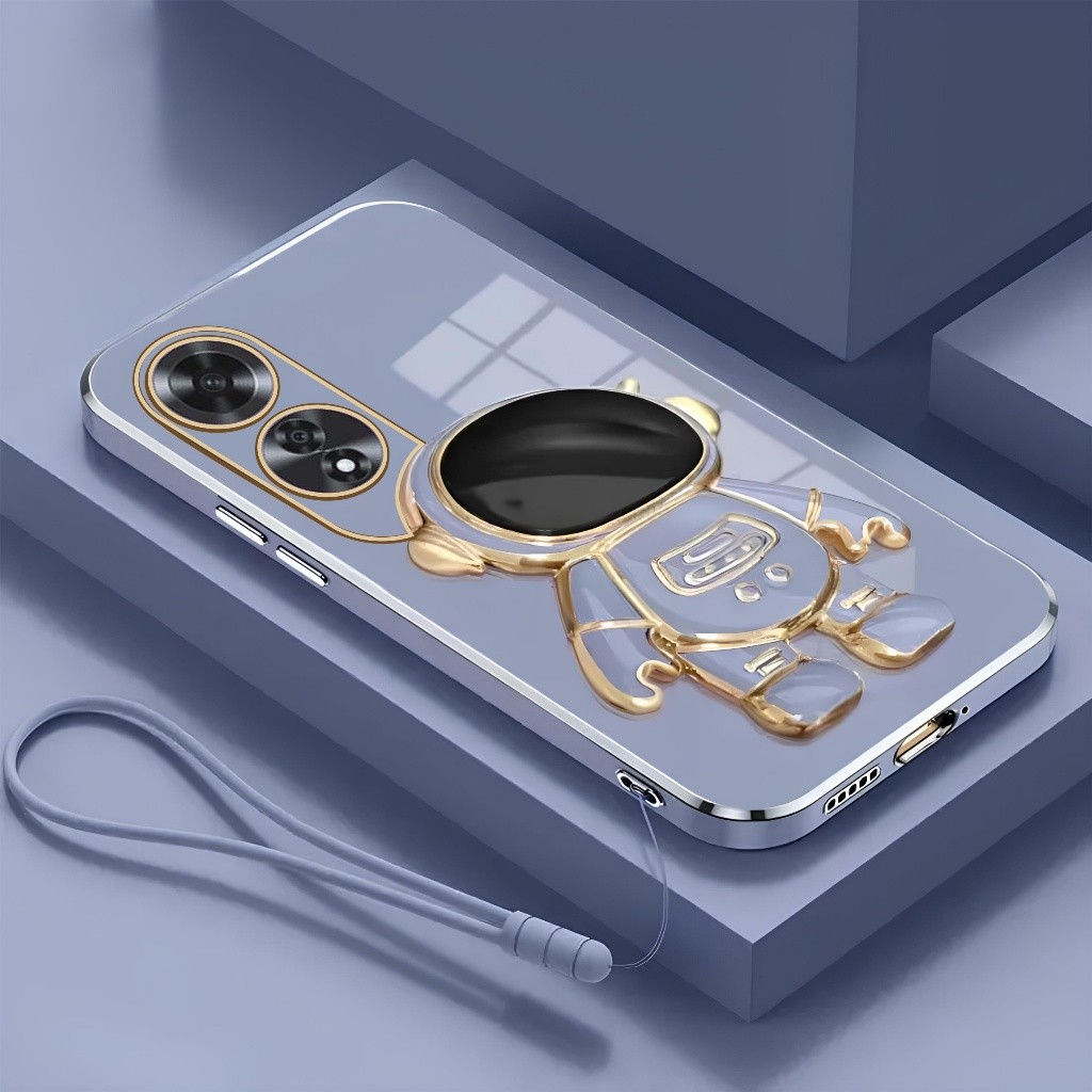 Case Oppo A60 A57 A77 A77s Luxury Plating Dudukan Lipat Astronot Free Tali Lanyard