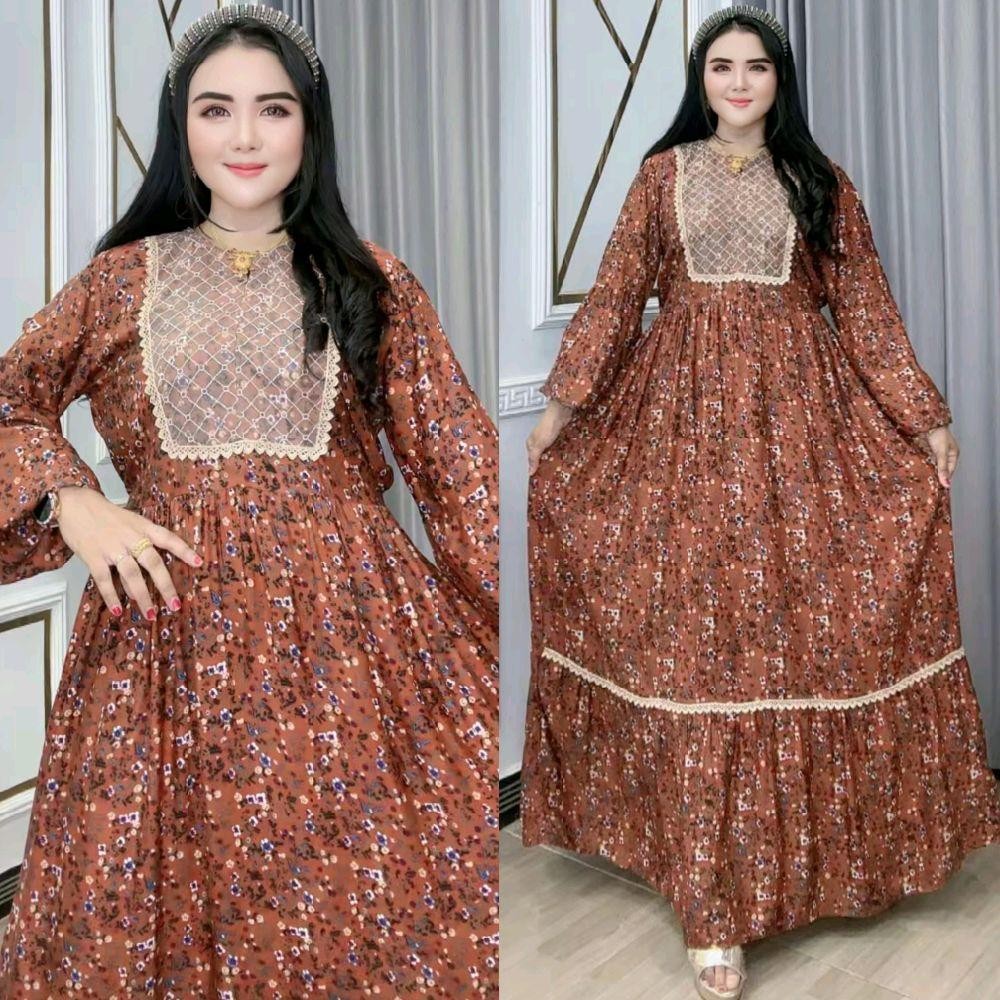 Gamis Wanita Saldita Salvina Bedita – Katun Rayon Resleting Depan Renda Dada Lengan Balon