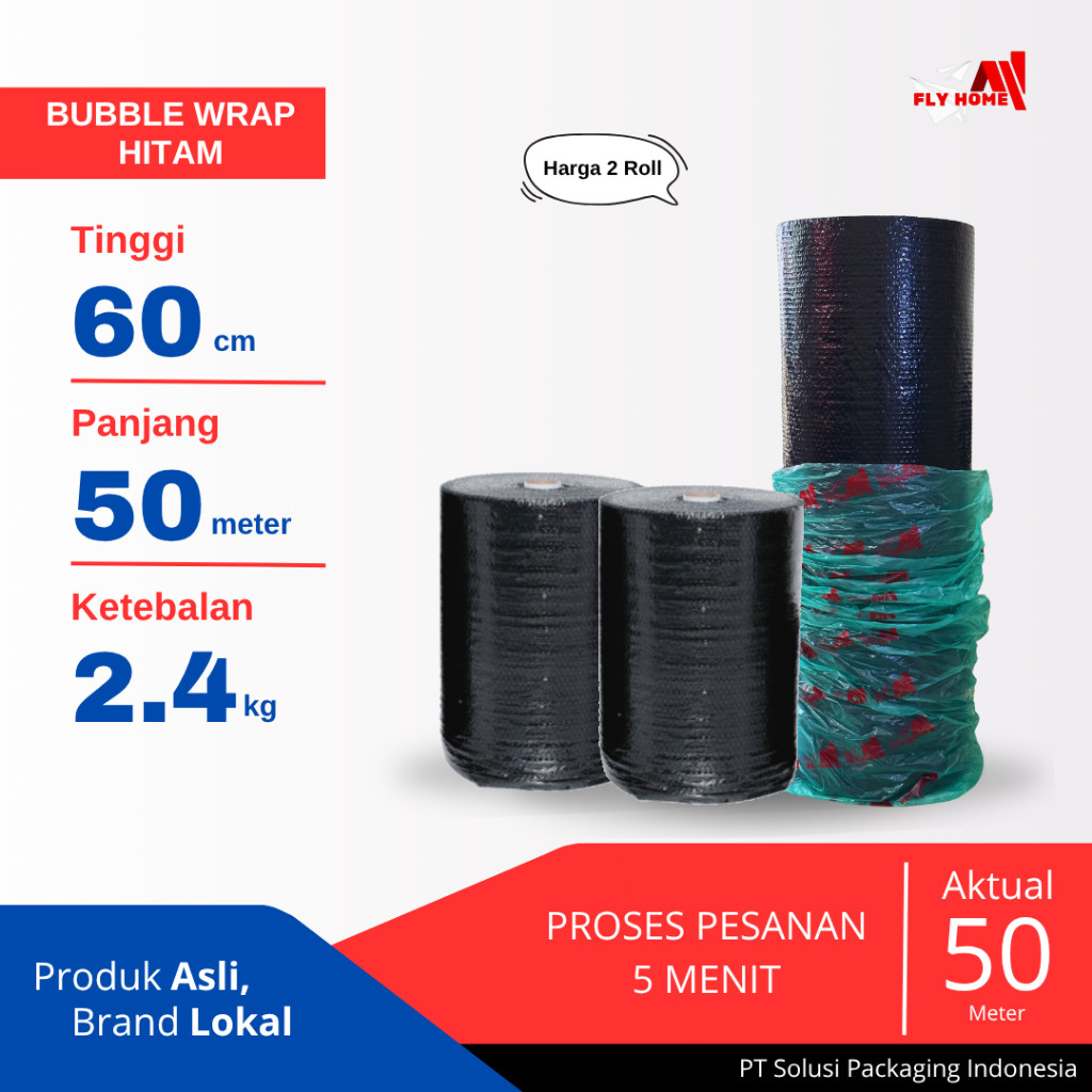 

FLYHOME Bubble wrap potongan hitam 60cm 2 roll besar 2,4kg 60x50meter