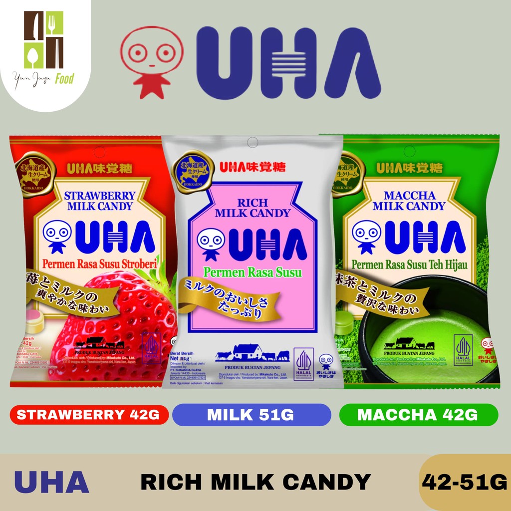 

UHA Candy 42g / UHA Candy Rich Milk 51g / UHA Candy Strawberry Milk 42g / UHA Maccha Milk 42g / Permen UHA