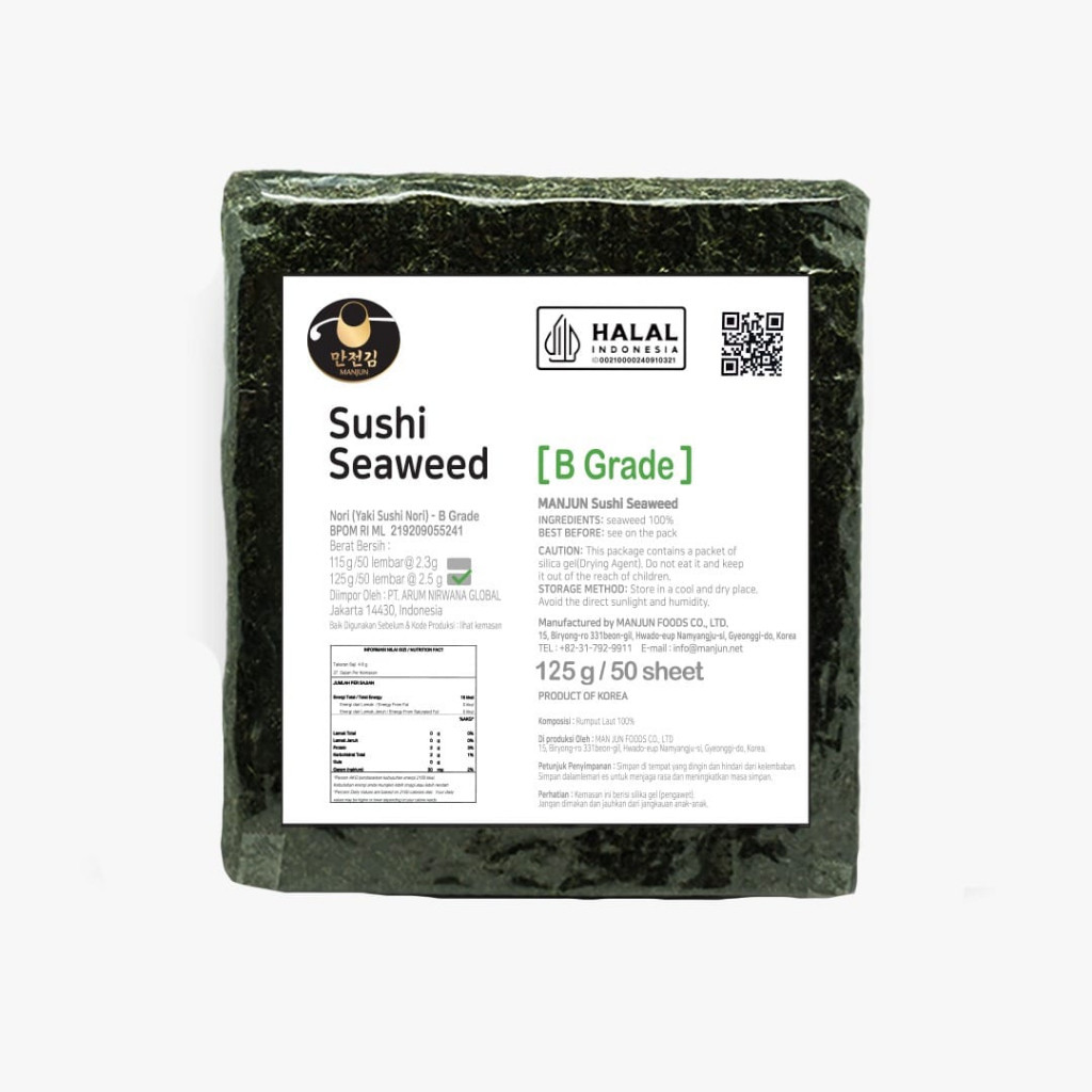 

MANJUN NORI RUMPUT LAUT GRADE B 18x18CM (10 PCS=ECER) 100% HALAL.