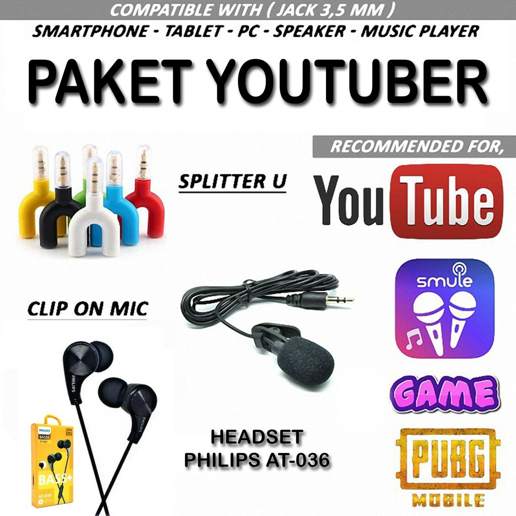 Paket Youtube Mic Clip On + Spliter U + Headset Philips AT-036 / Paket Ngevlog / Paket Youtuber