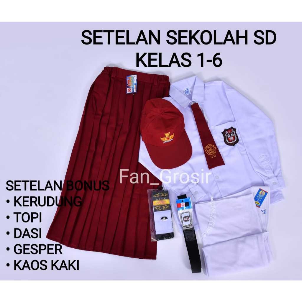 Seragam Sekolah SD Anak Perempuan Panjang Kelas 1 - 6 Bonus Kerudung Topi Dasi Kaos Kaki Sabuk