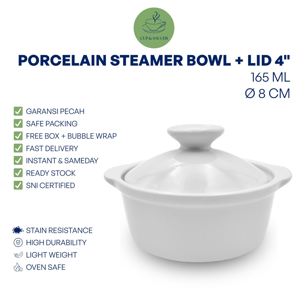 Midas Mangkok Steamer Set Tutup Porselen 4” Inch / 8 cm Volume 165 ml Putih Polos Kilap Mangkuk Tim 