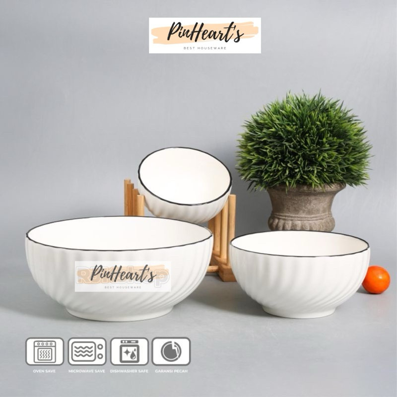 MANGKOK KERAMIK TANITI EMBOSS SCREW ULIR LIS HITAM / MANGKOK KERAMIK PORCELAIN EMBOSS SCREW ULIR SOU