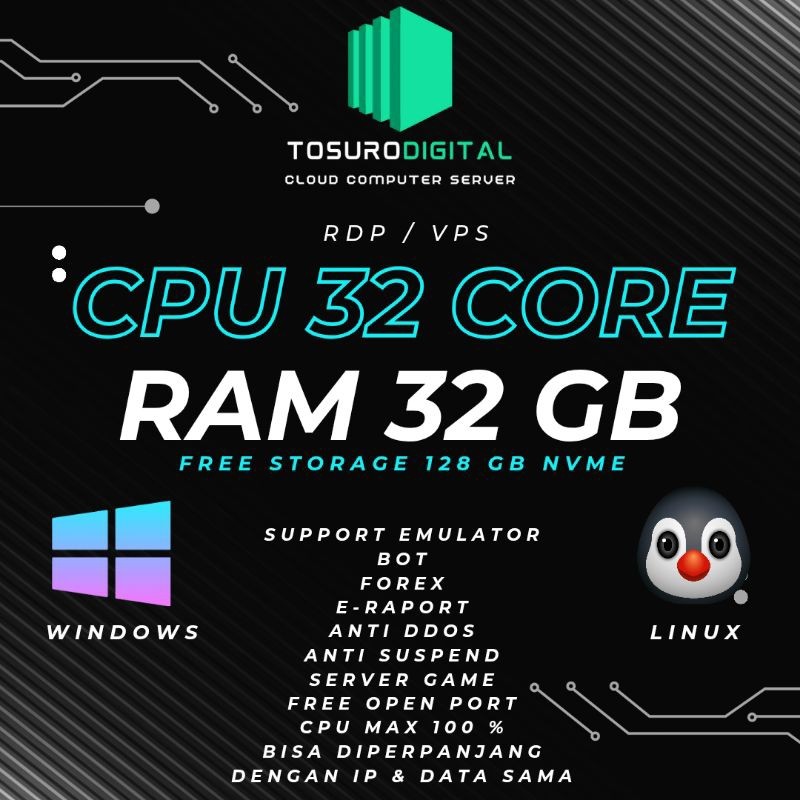 RDP VPS  32 CORE 32 GB CPU 100% ANTI SUSPEND BISA DIPERPANJANG