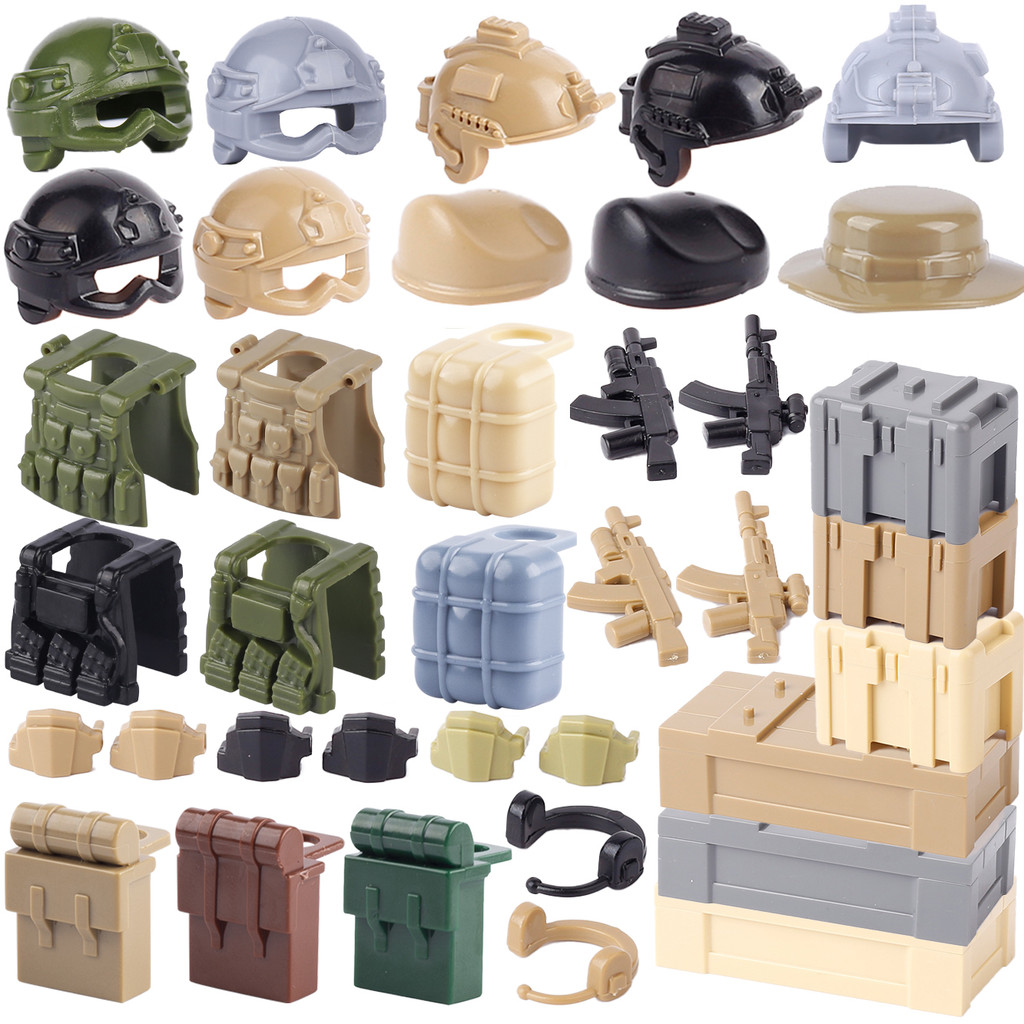 

MOC Military SWAT Tactical Helmets Building Blocks Kit Headset Weapons Gun Box Container Vest Accessories Bricks Toys Boys Gift