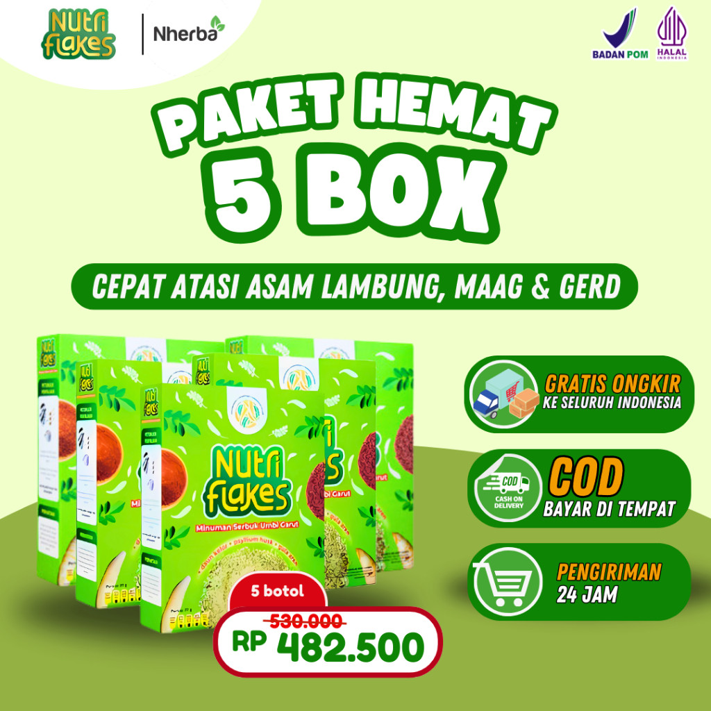 

Paket Hemat 5 Box Nutriflakes - Sereal Umbi Garut untuk Mengatasi Asam Lambung, Maag dan GERD