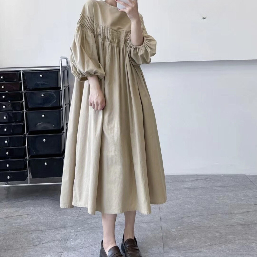 CHICMORE Gaun Wanita Warna Beige Leher Bulat Lengan Lentera Oversized | Gaun Casual Sehari-hari | Ba