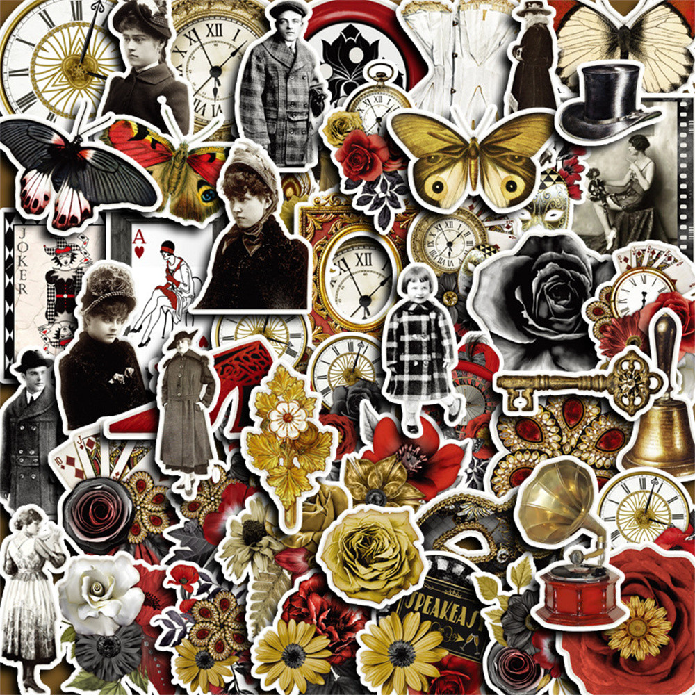 

50pcs Spades Rose Retro Mask Character Clock Butterfly Pattern Stickers For Phone Scrapbook Craft Supplies Vintage Sticker Pack