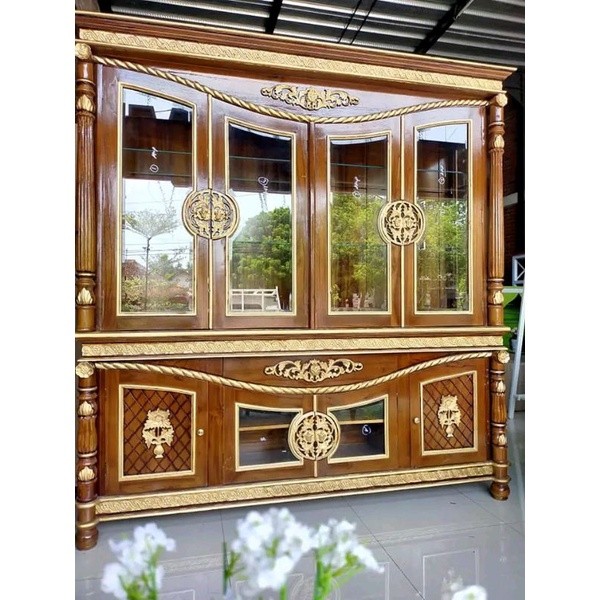 LEMARI BUFET HIAS KACA KAYU JATI