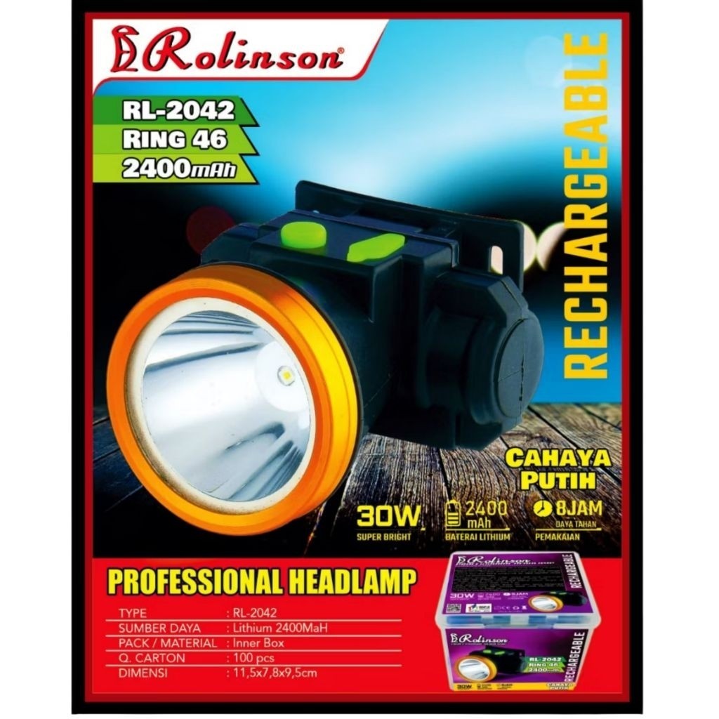 Senter Kepala LED 30 Watt Cahaya Putih Rolinson RL-2042 Headlamp LED