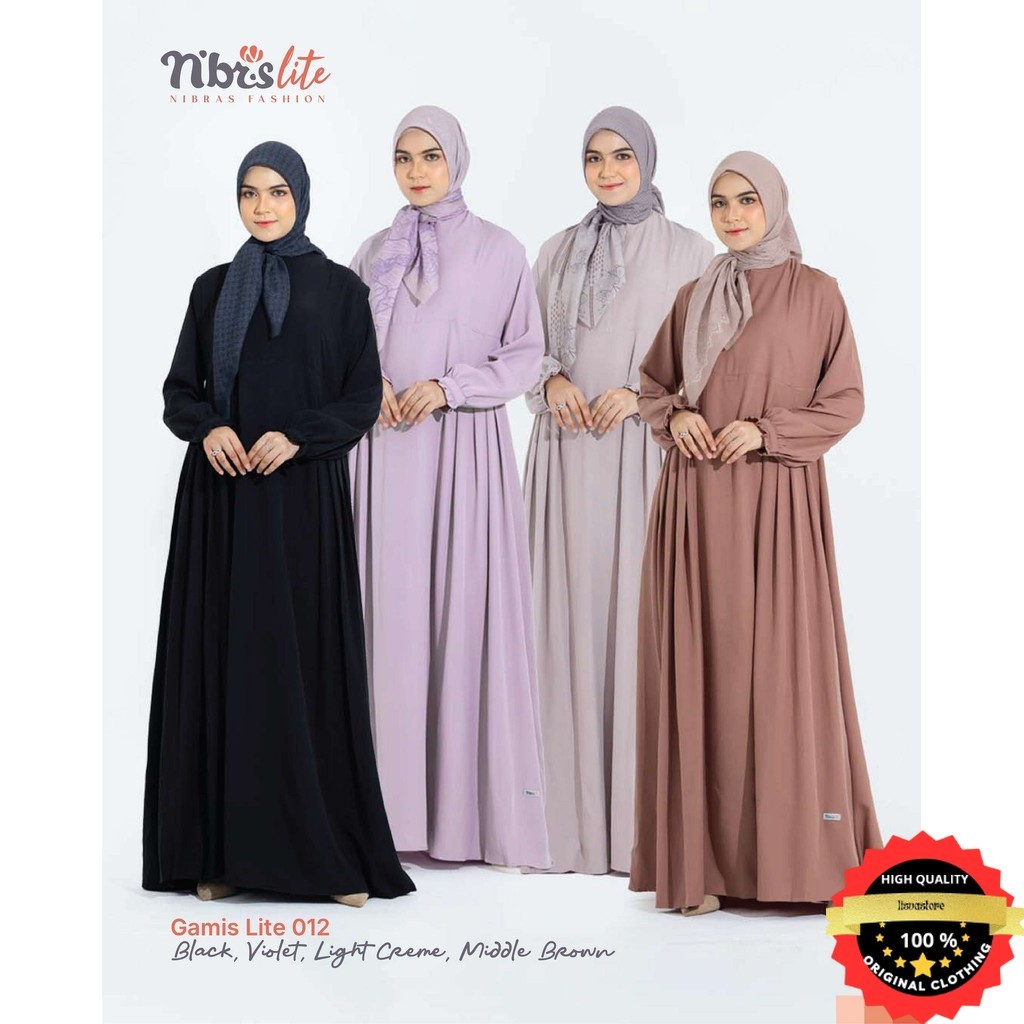 Nibras Gamis Lite 012 Dress Polos Simple Bahan Abira Crepe Warna Hitam, Cream, Coklat, Violet