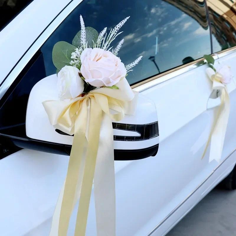 

Creative Wedding Car Decor Flower Door Handles Rearview Mirror Decorate Rose Artificial Floral Accessories Marriage Props Gift