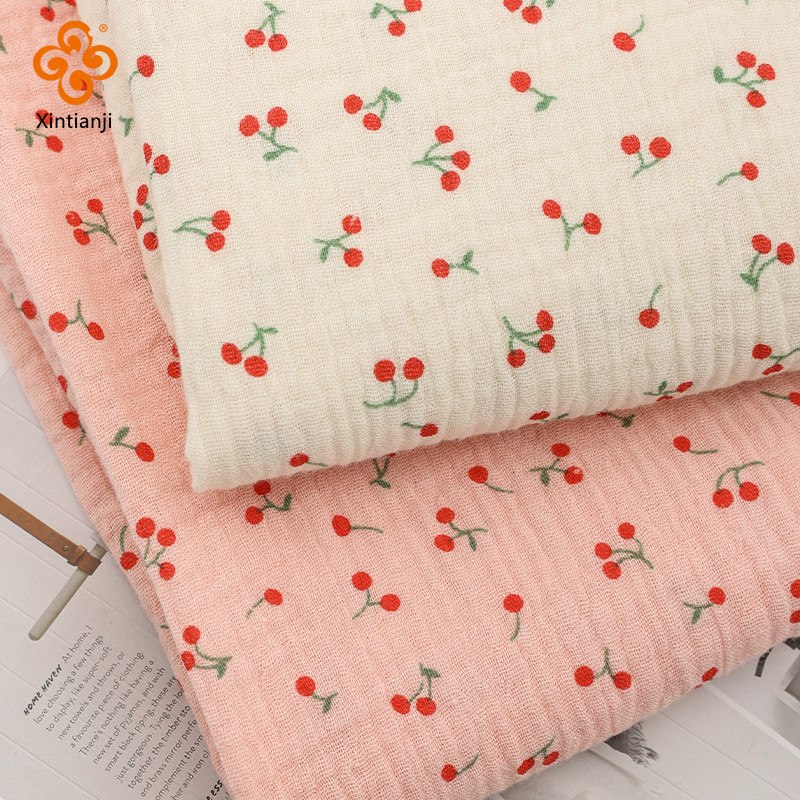 

1m/2m/5m Cotton Crepe Fabric Cute Pink Cherry Print Double Layer Gauze Children Pajamas Quilt Fabric DIY Sewing Blanket Material