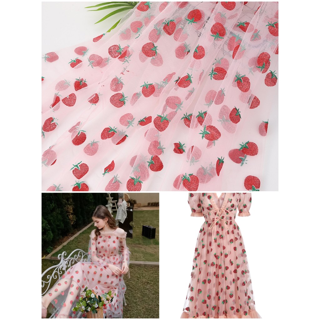 

150cm Width Sweet Gold Powder Strawberry Mesh Fabric Children Wear Puffy Skirt Headpiece Toy Printed Strawberry Soft Net Fabric
