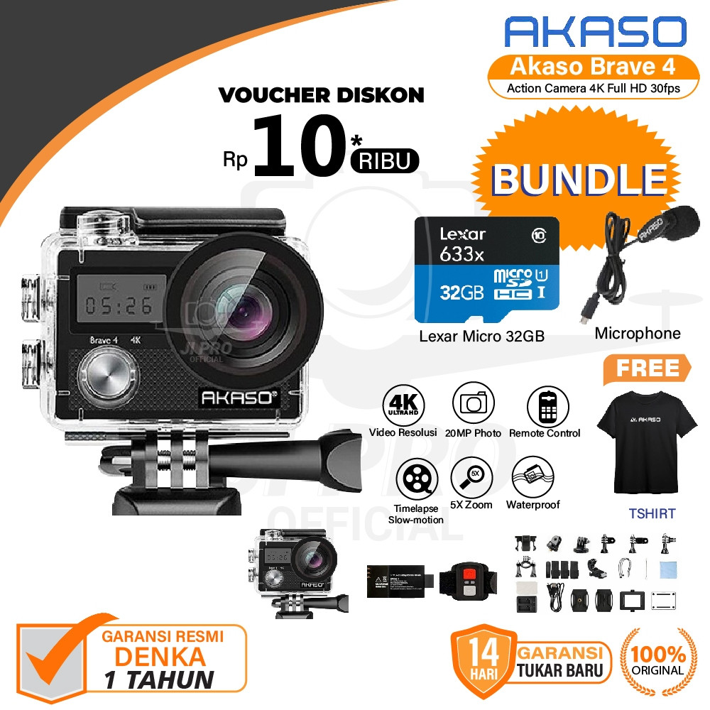 Akaso Brave 4 Action Cam Camera Wifi 4K Waterproof + Remote Resmi