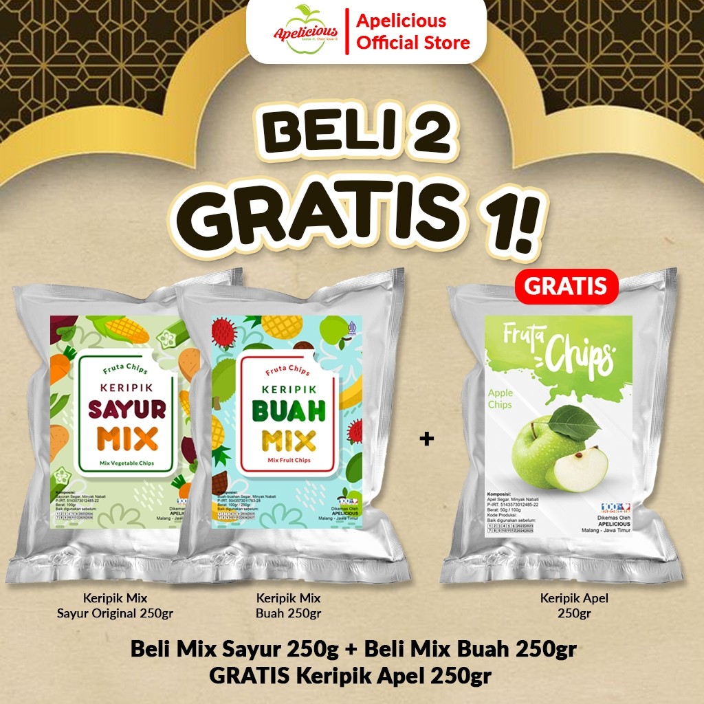 

APELICIOUS KERIPK SAYUR MIX ORIGINAL 250g + KERIPIK BUAH MIX 250gr GRATIS KERIPIK APEL 250gr - Food, Snack