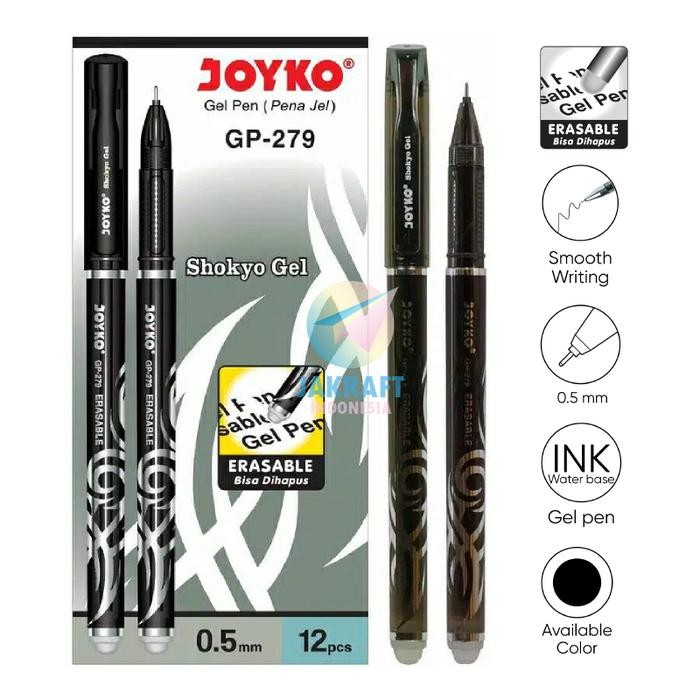

COD (12 Pcs) GROSIR Pulpen Erasable Gel Pen Ujung Tajam JOYKO GP-279 SHOKYO Hitam Black / Biru Blue Tebal 0.5 mm Needle Tip Bolpen Bisa Dihapus | PACK - Hitam / Black