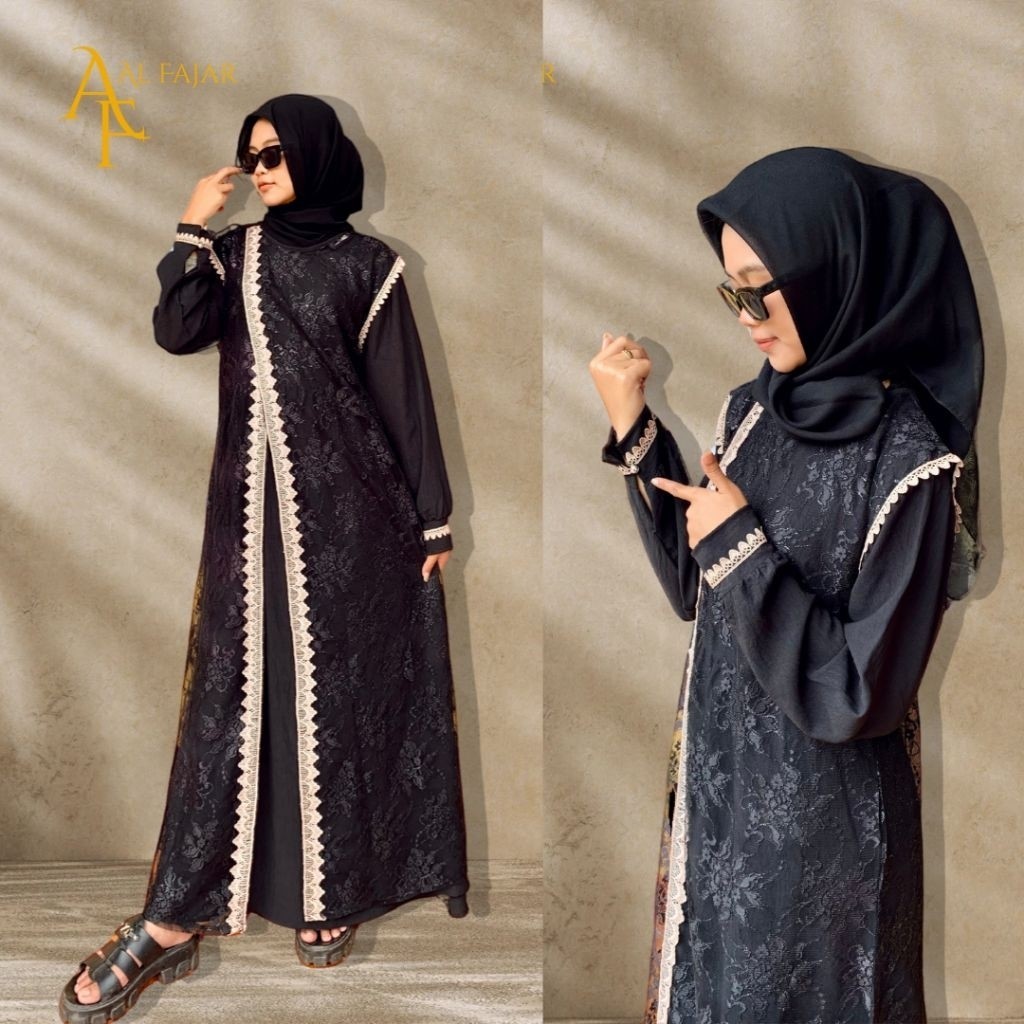 DEVIY BERKAH STORE ALFIYAH Gamis Crinkle Airflow Set Outer Brukat Tile Dress Busui Hitam Pesta Konda