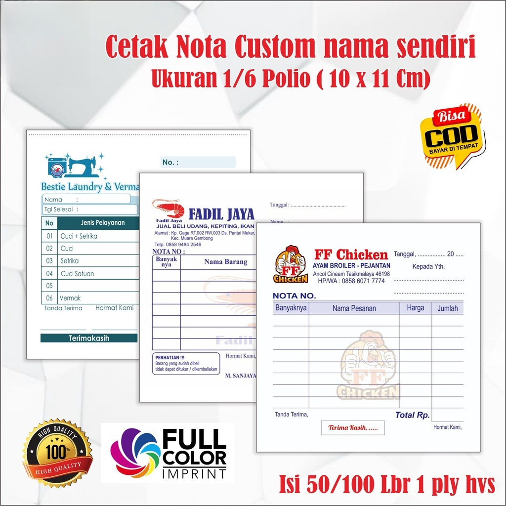 

Tanpa Min Order| Cetak Nota Custom Nama Toko Sendiri Ukuran 10 X 11 Cm 1/6 Polio 1 Ply 2 Ply