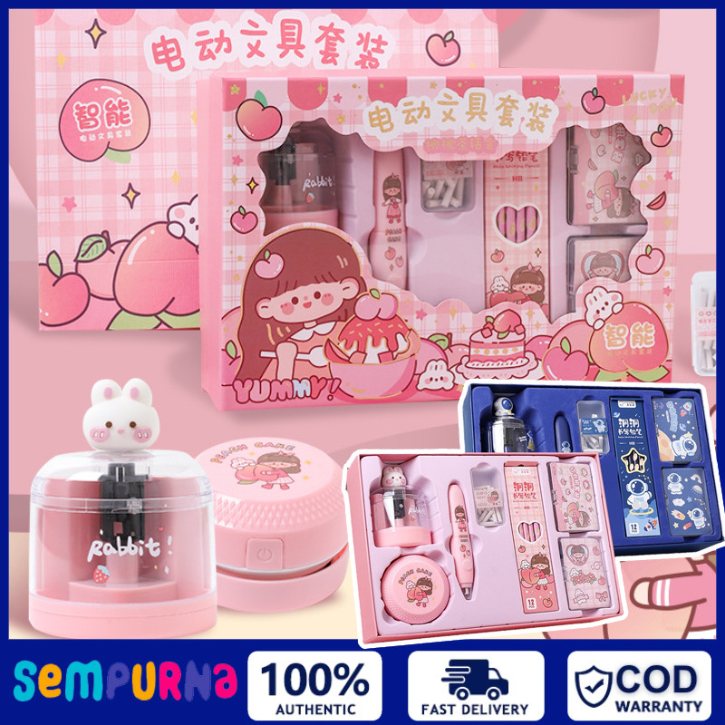 

12 in 1 Alat Tulis Electric Stationery Set Elektrik Rautan Penghapus Vacuum Pensil Anak Alat Perkakas Belajar Anak Perempuan Kado