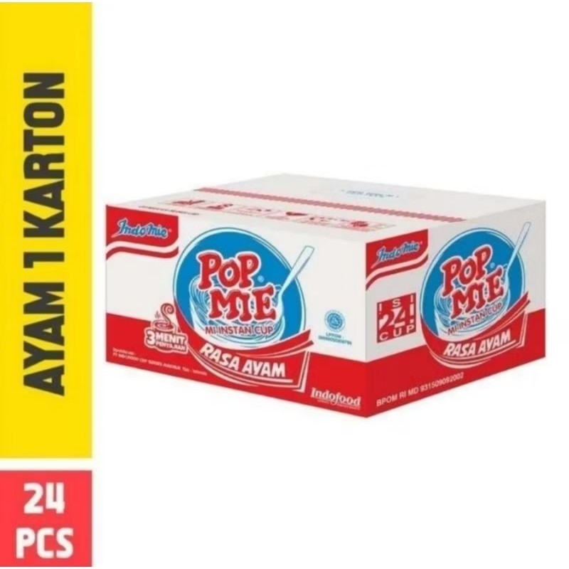 

Pop Mie Rasa Ayam, Soto, Bakso, Kari 1 Dus isi 24 Pcs @75g