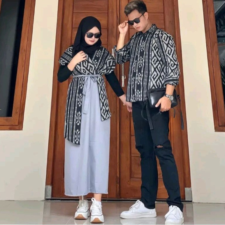 Dress Andin Couple Tenun Naomy Katun Bunga Hitam Putih Baju Batik Keluarga panjang Pasangan Wanita G