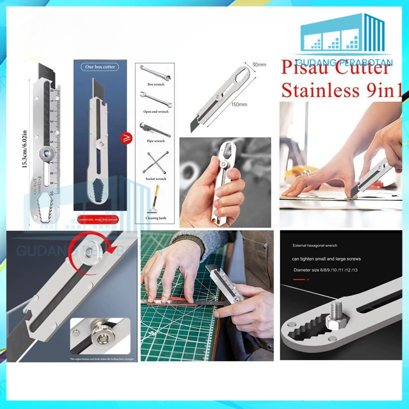 

GP Pisau Cutter Stainless Besi 9in1 Cutter Stainless Pemotong Kertas Tajam Anti Karat