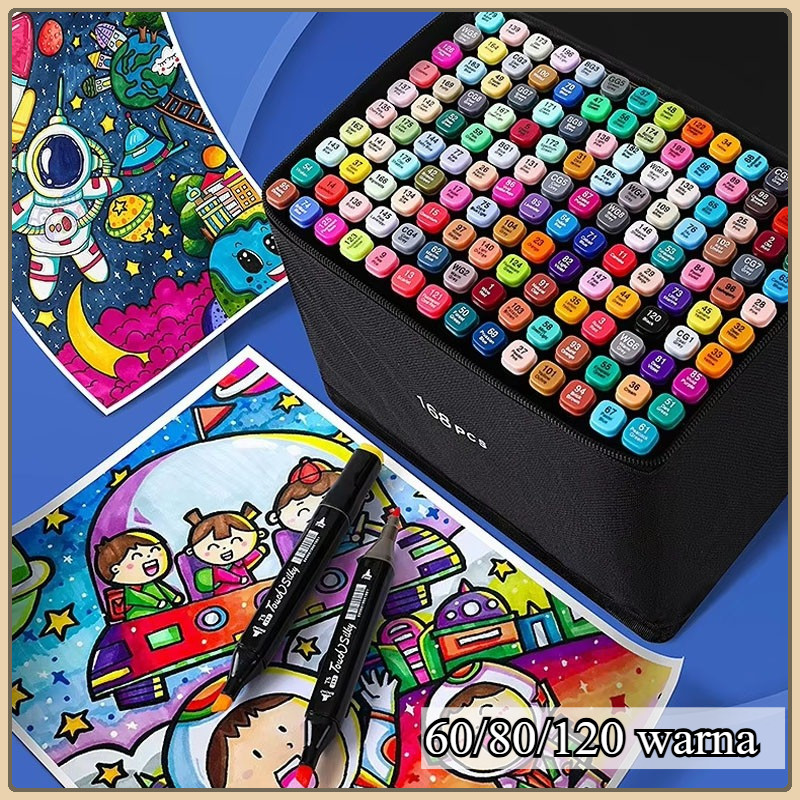 

60/80/120warna Spidol Markers Berwarna-Warni/Spidol Berkepala Ganda/Spidol Alkohol dan Minyak, Pensil Air Anak
