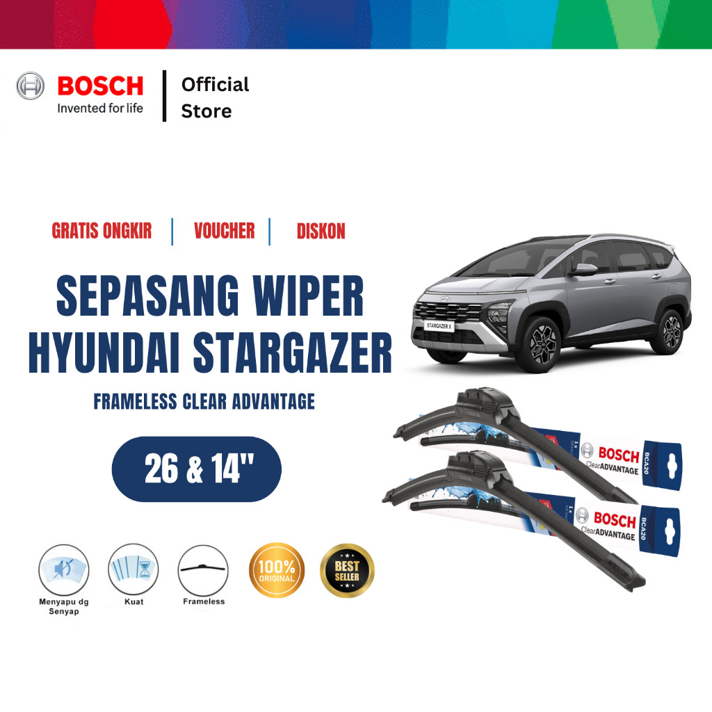 ⁠Bosch Wiper Mobil Hyundai Stargazer Frameless Clear Advantage  26 dan 14 Inci